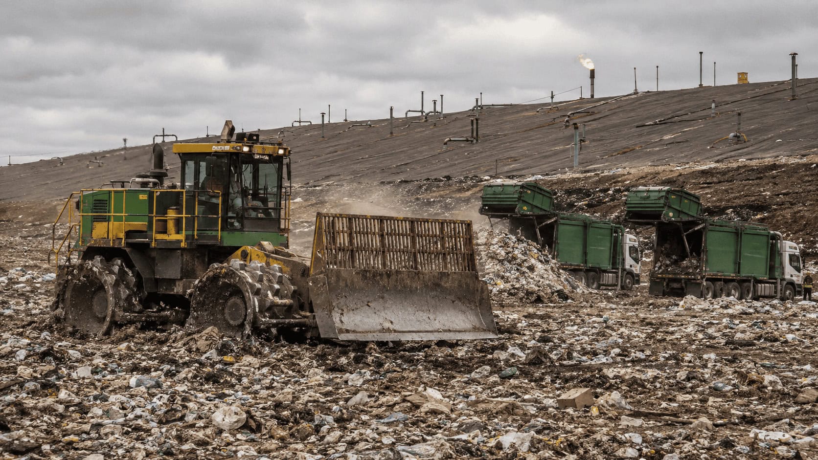 A WM landfill compactor working an active cell at a municipal solid waste site, with collection trucks queued at the tipping face