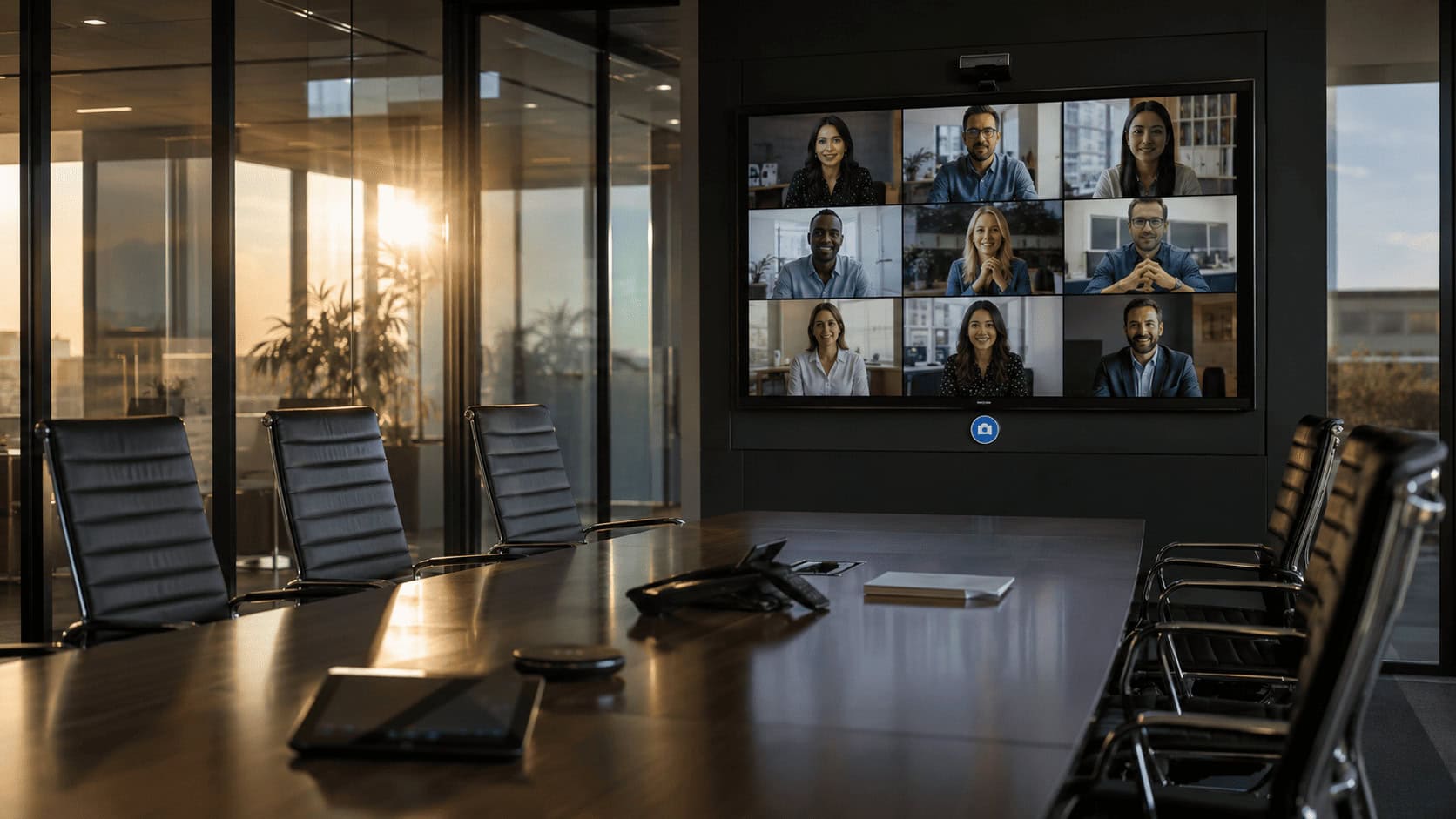 An empty corporate conference room with a Zoom video call displayed on the wall screen