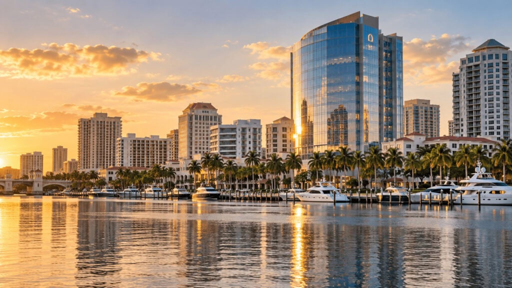 Downtown West Palm Beach skyline at golden hour seen across the Intracoastal Waterway, with a Class AA glass office tower and palm-lined waterfront