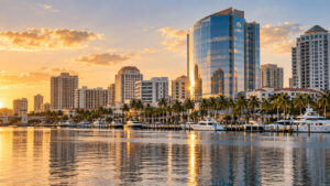 Downtown West Palm Beach skyline at golden hour seen across the Intracoastal Waterway, with a Class AA glass office tower and palm-lined waterfront