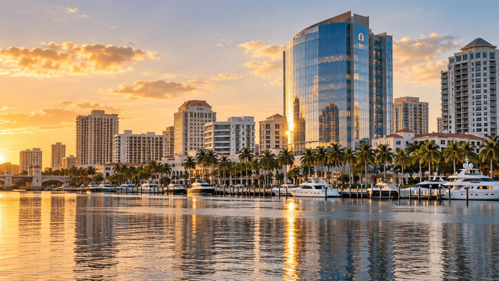 Downtown West Palm Beach skyline at golden hour seen across the Intracoastal Waterway, with a Class AA glass office tower and palm-lined waterfront