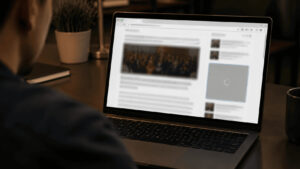 Close-up of a news website loading on a laptop screen with a display ad slot rendering in place
