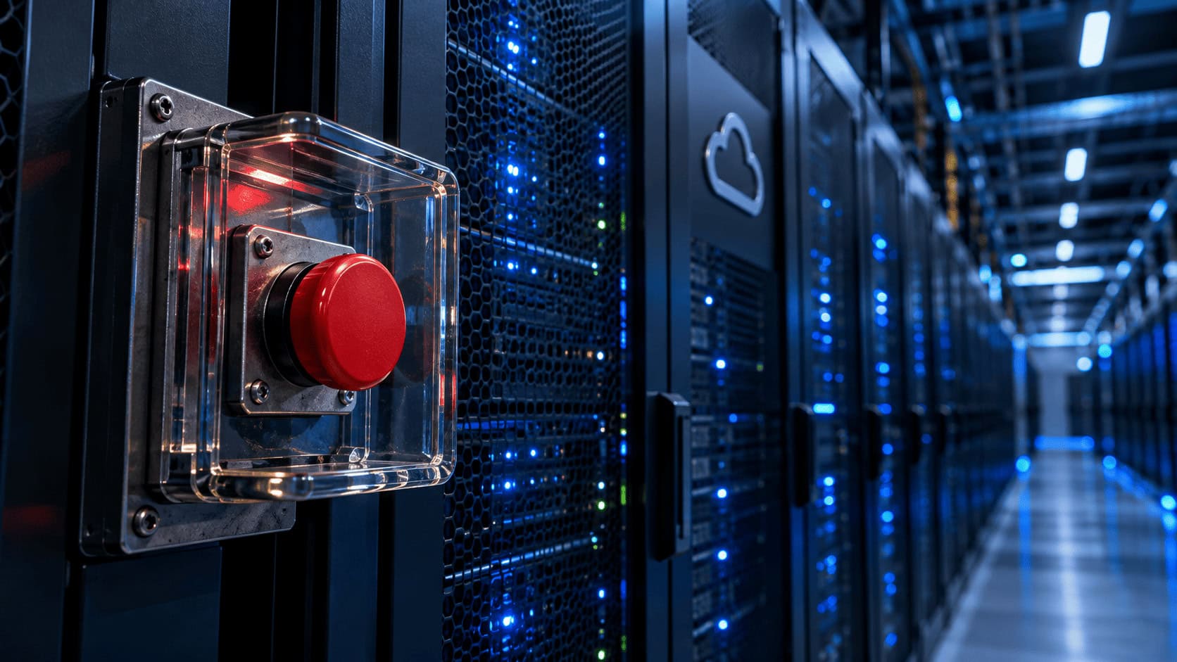 Red emergency shutdown button on a server row inside a hyperscale cloud data center at night