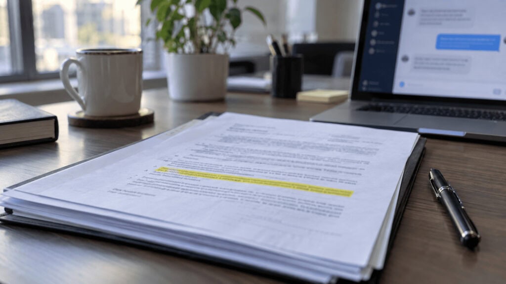 An insurance renewal packet open to a highlighted exclusion clause beside a laptop displaying an AI chatbot conversation.