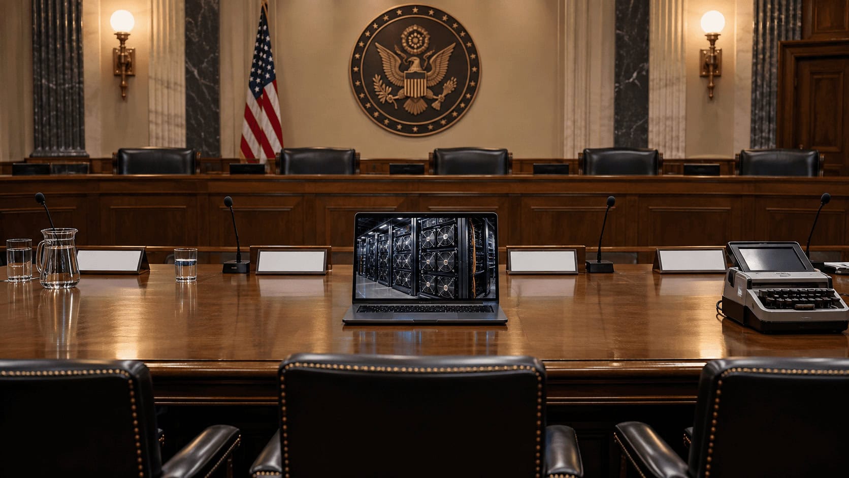 A federal conference room with face-down name placards and a stenographer's machine, set for a closed-door meeting between rival technology companies.