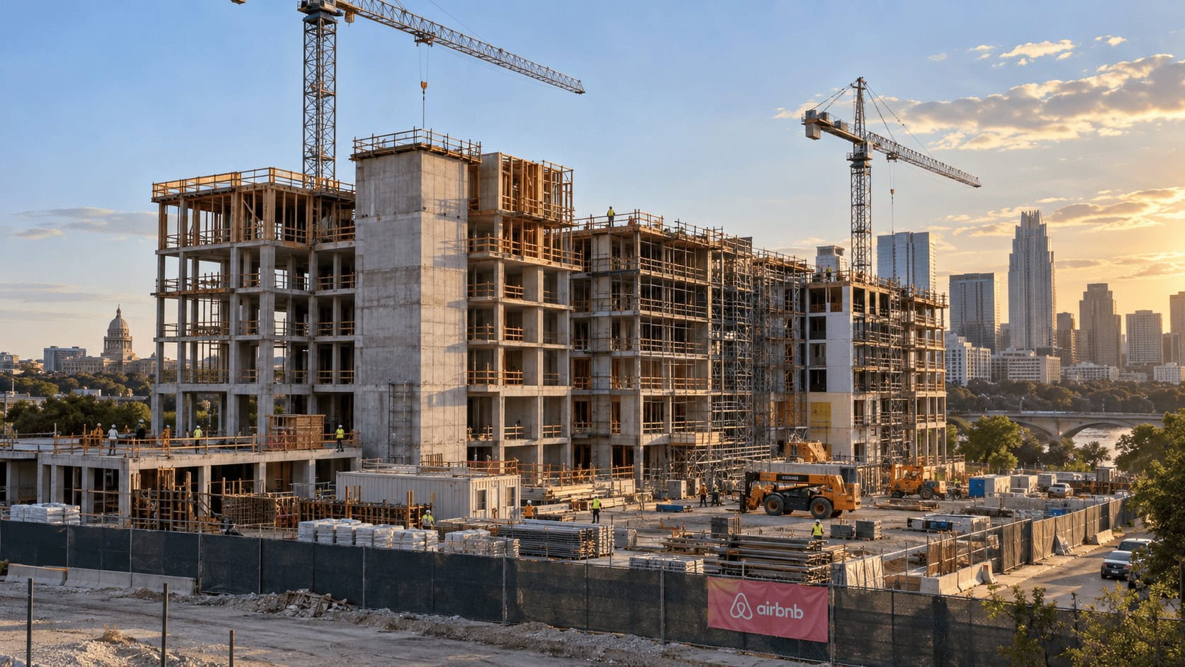 Complejo de viviendas asequibles parcialmente construido en un terreno baldío de Austin, con grúas y un cartel publicitario de Airbnb