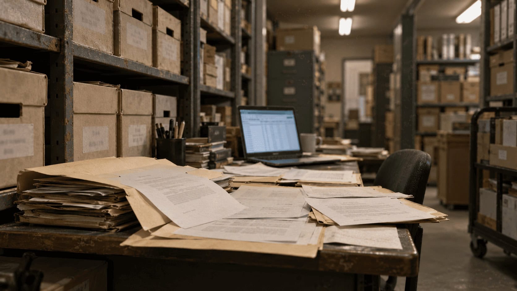 Publisher contract archive boxes and reversion letters, illustrating the rights records behind the Anthropic copyright settlement payouts.