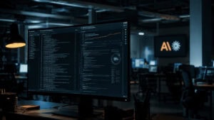 Engineer watching a long-running Claude coding agent session on a large monitor in a darkened enterprise office