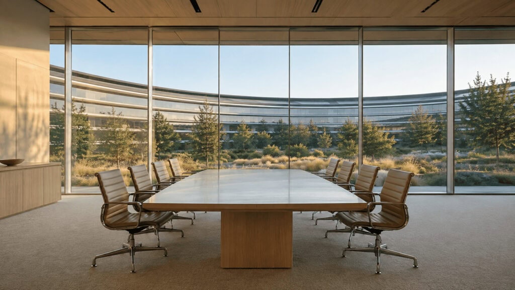 Empty chairs around a long conference table in a glass-walled Apple Park meeting room with the ring building visible outside.