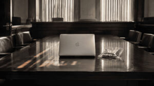 Closed silver MacBook on a courthouse conference table beside a sealed evidence bag, the laptop at the center of Apple's trade secret case against OpenAI