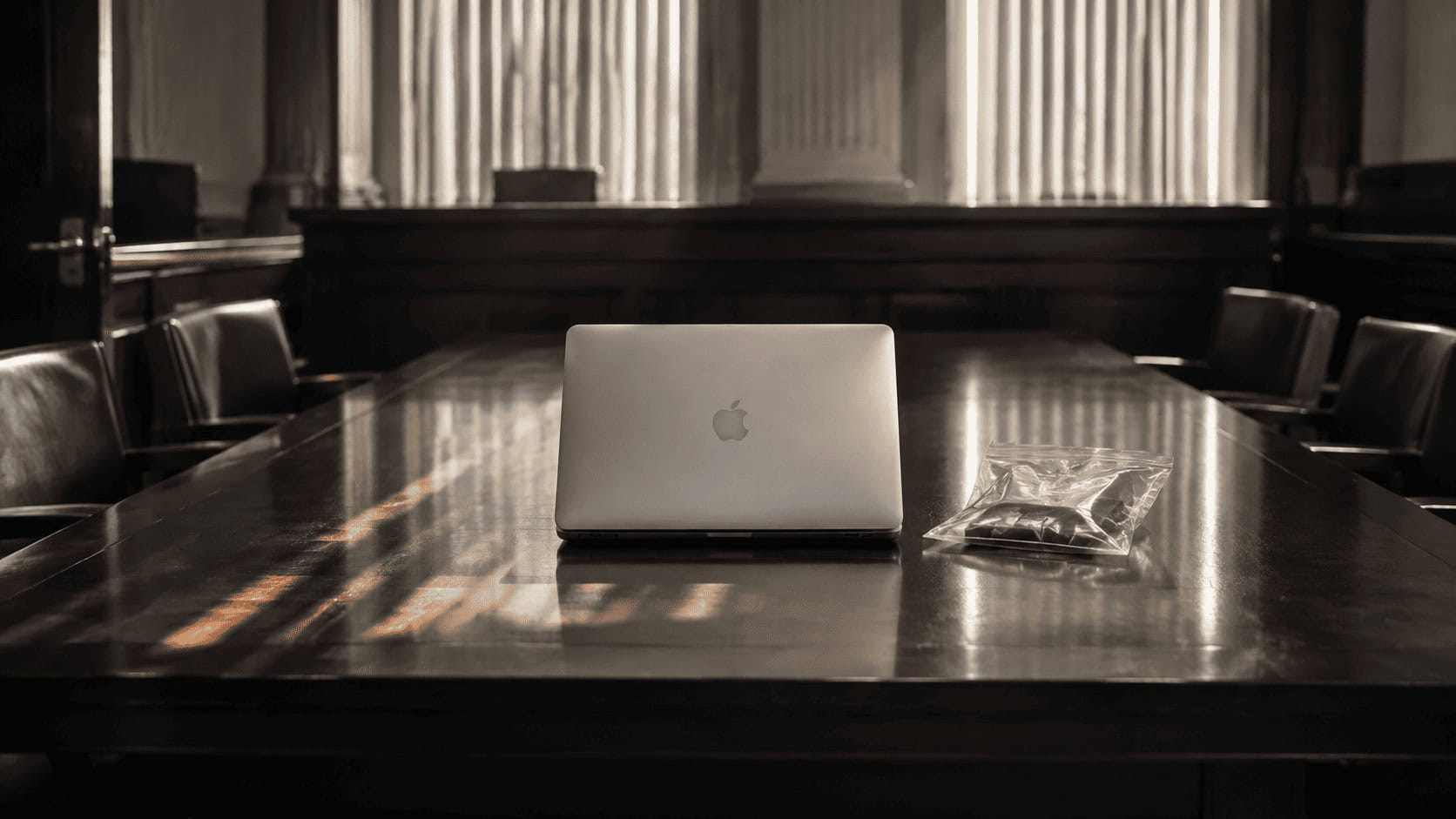 Closed silver MacBook on a courthouse conference table beside a sealed evidence bag, the laptop at the center of Apple's trade secret case against OpenAI