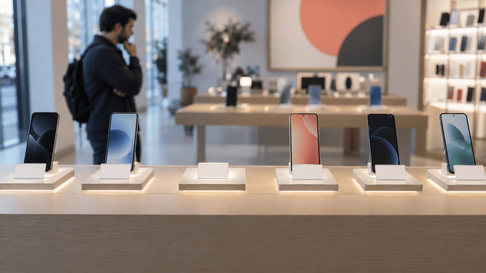 Empty slot on a premium phone retail display wall beside higher-priced handsets, illustrating Apple's missing entry-level iPhone in the September 9 lineup