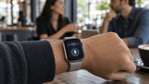 Close-up of a smartwatch on a wrist in a busy open-plan office, its screen showing a short line of transcribed text and a microphone indicator, with two people talking out of focus behind it.