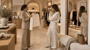 Style adviser holding a blazer beside a shopper at a floor-to-ceiling communal mirror in a cream-toned boutique