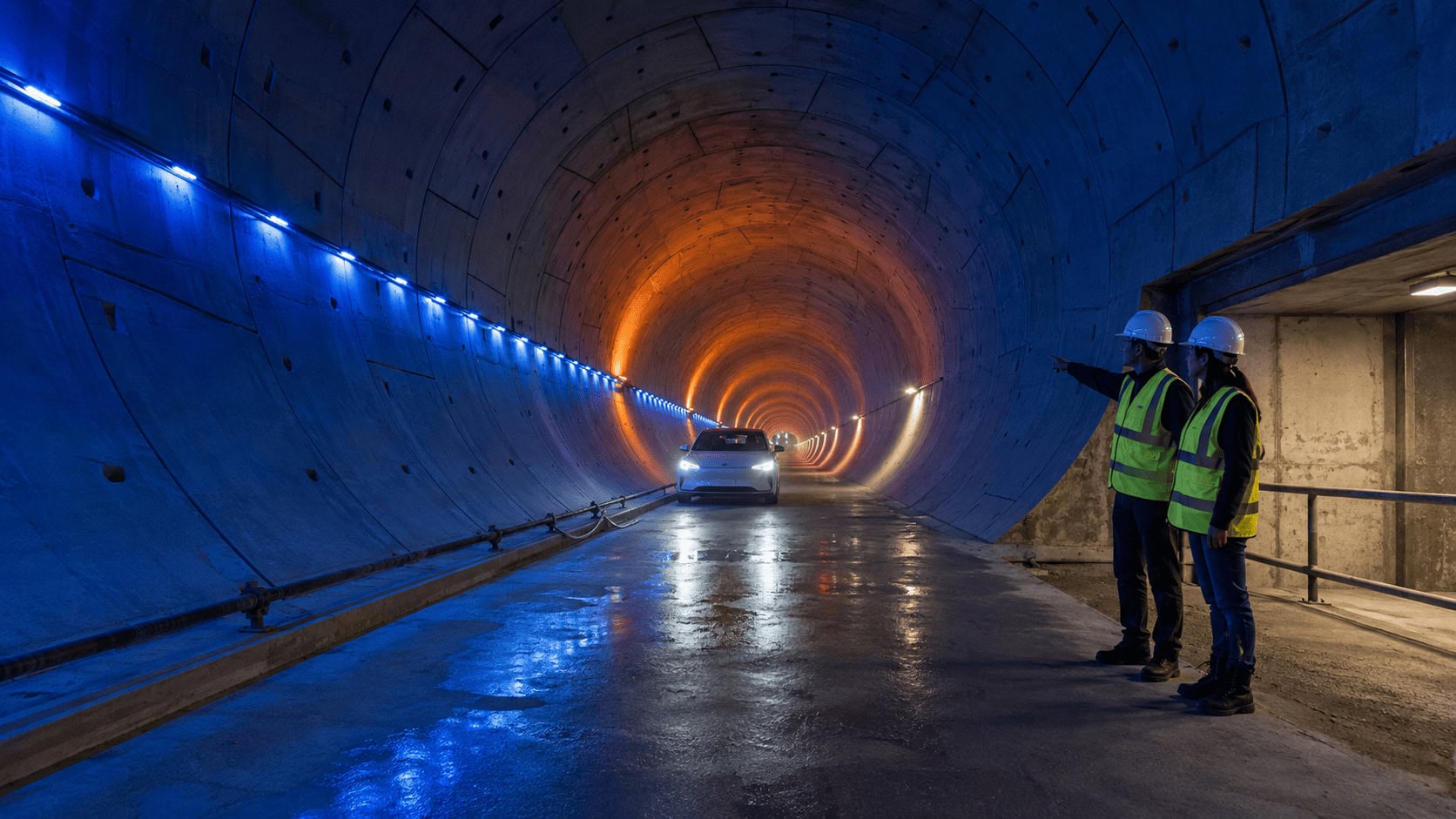 Two workers in hard hats stand inside a neon-lit underground Loop tunnel in Las Vegas as an electric car waits on the roadway, illustrating The Boring Company's tunnel network.