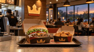 Burger King counter with a boxed Whopper and a box of chicken nuggets under the crown logo