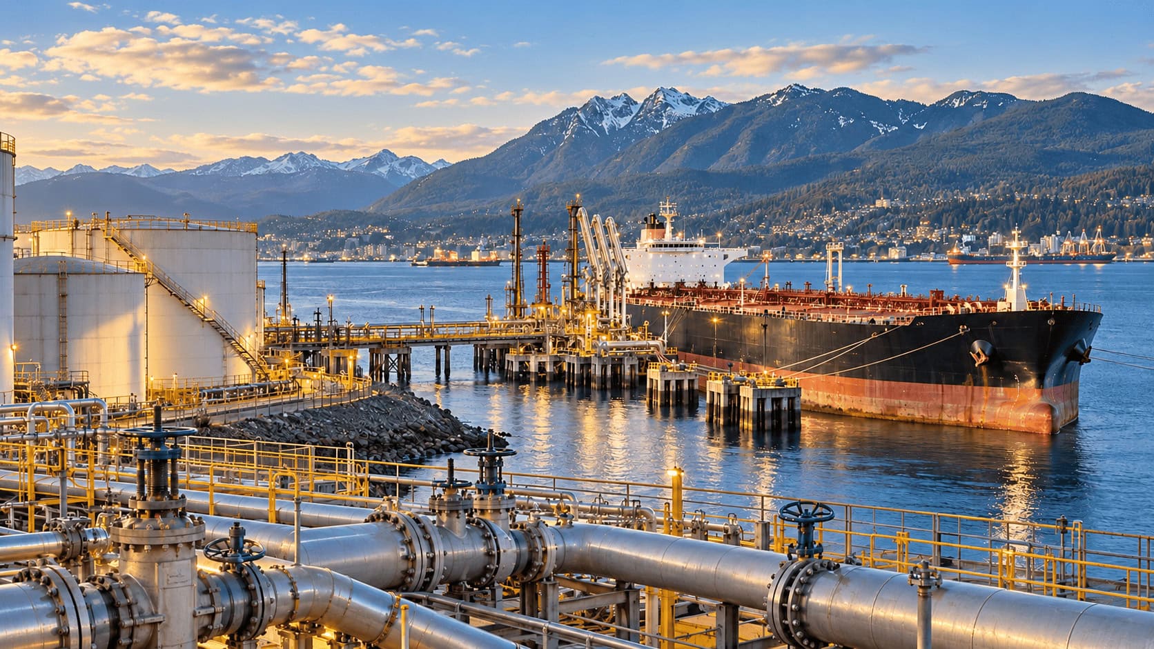 Un buque petrolero cargando crudo en la terminal Trans Mountain Westridge en Burnaby al atardecer, con las montañas al fondo