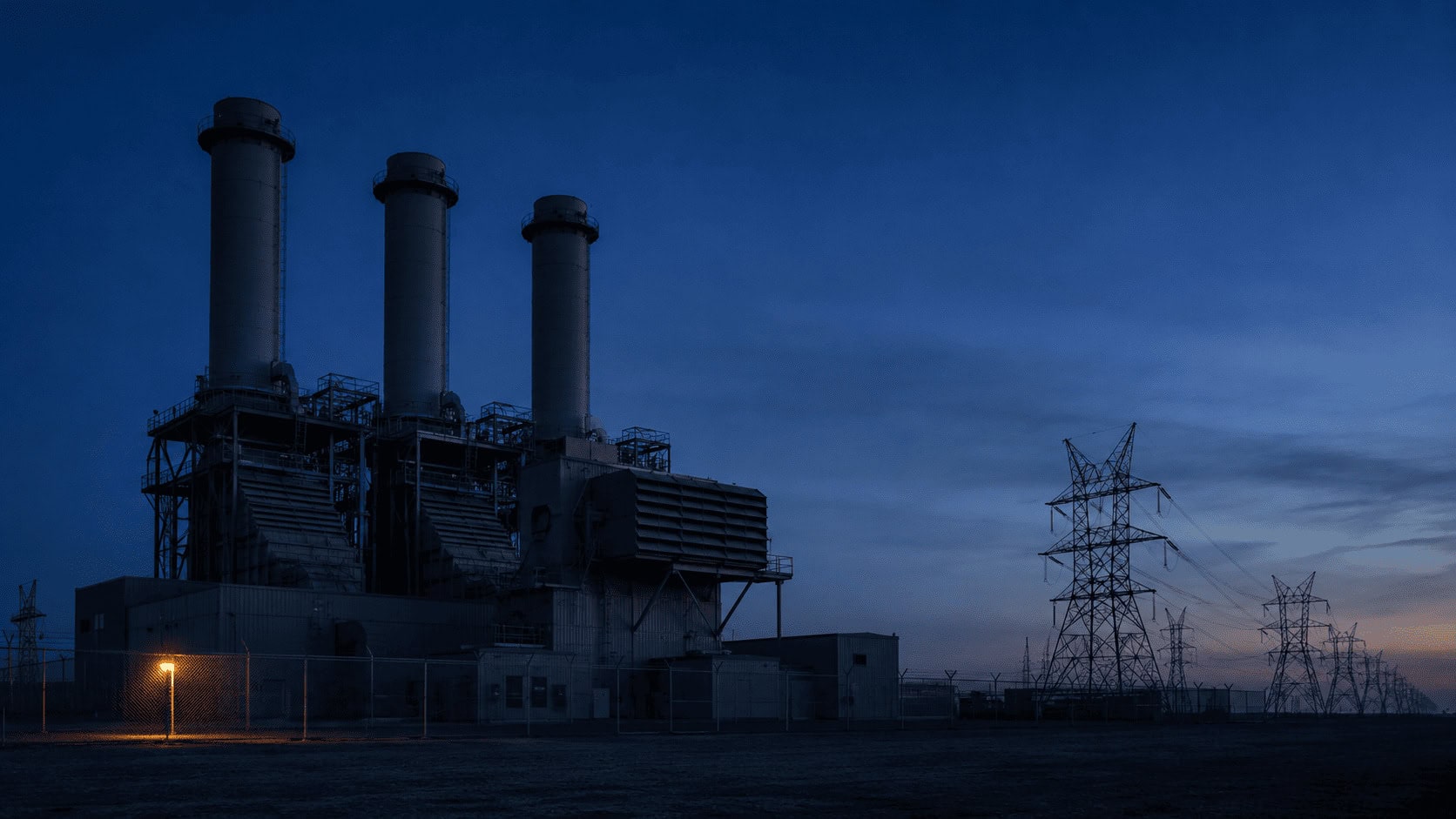 Idle gas peaking power plant and transmission towers at dusk, the standby capacity that capacity markets pay for
