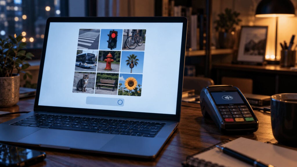 Close-up of a laptop screen showing an image-grid captcha challenge with a card payment terminal sitting on the desk beside it.