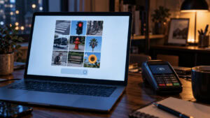 Close-up of a laptop screen showing an image-grid captcha challenge with a card payment terminal sitting on the desk beside it.