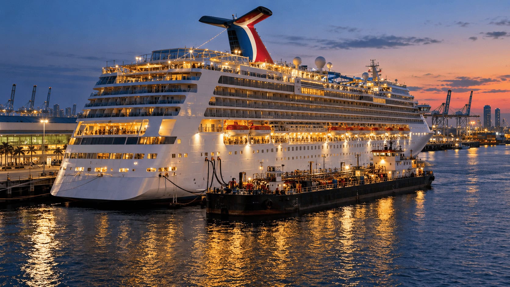 Un crucero carga combustible desde una barcaza en una terminal de Florida al anochecer, mientras Carnival se enfrenta a precios del petróleo más altos sin coberturas de combustible