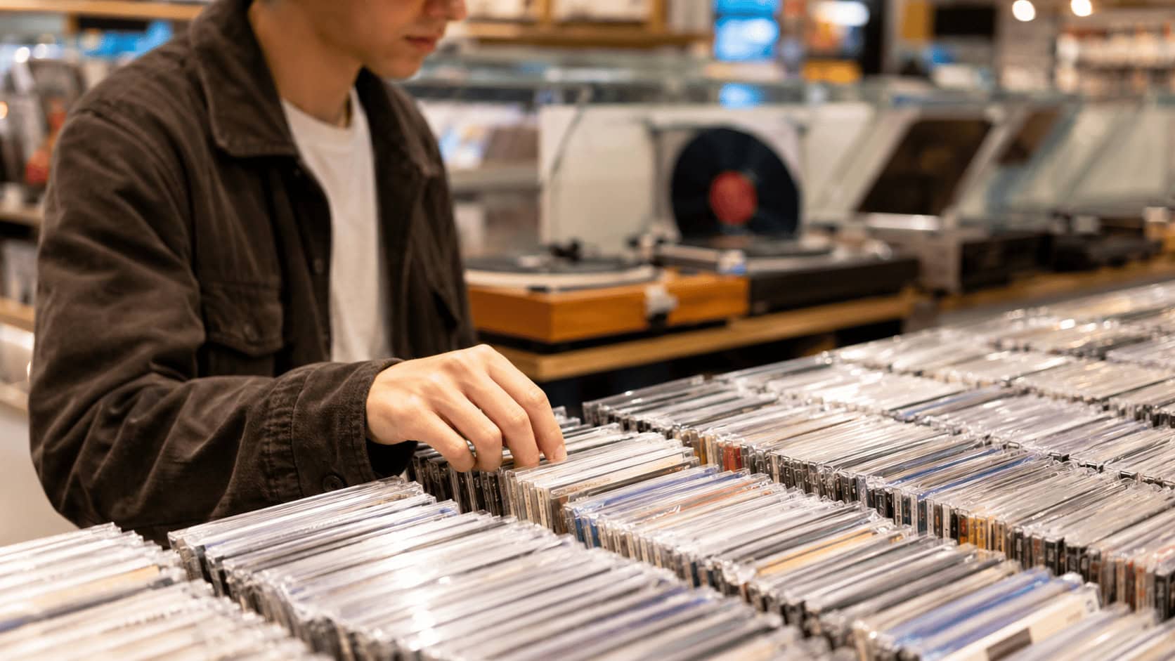 Young shopper browsing a rack of compact discs in a music store as CD sales rebound in 2026