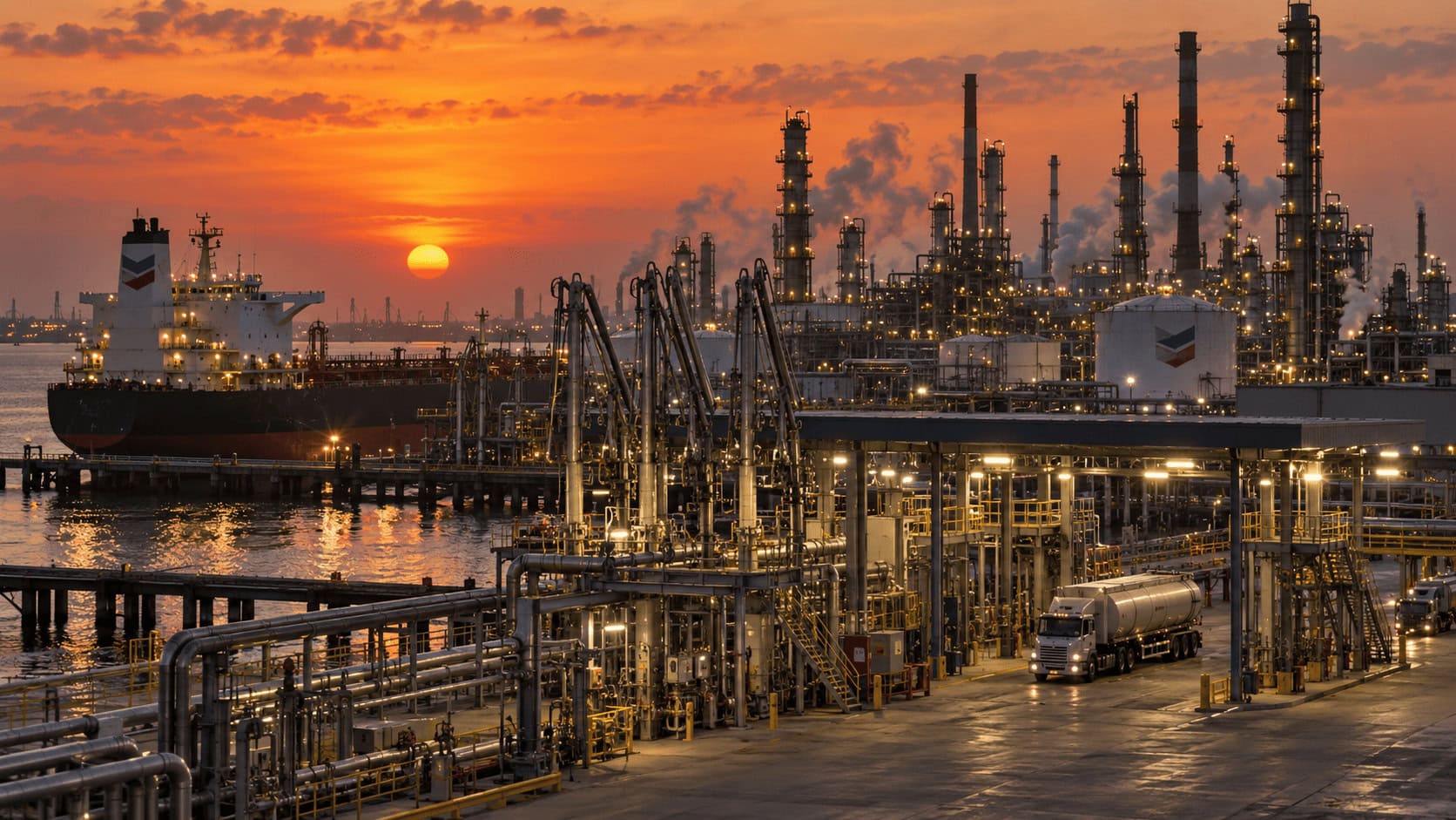 Refinería y terminal marítima de Chevron al atardecer, con un buque cisterna atracado junto a las torres de destilación