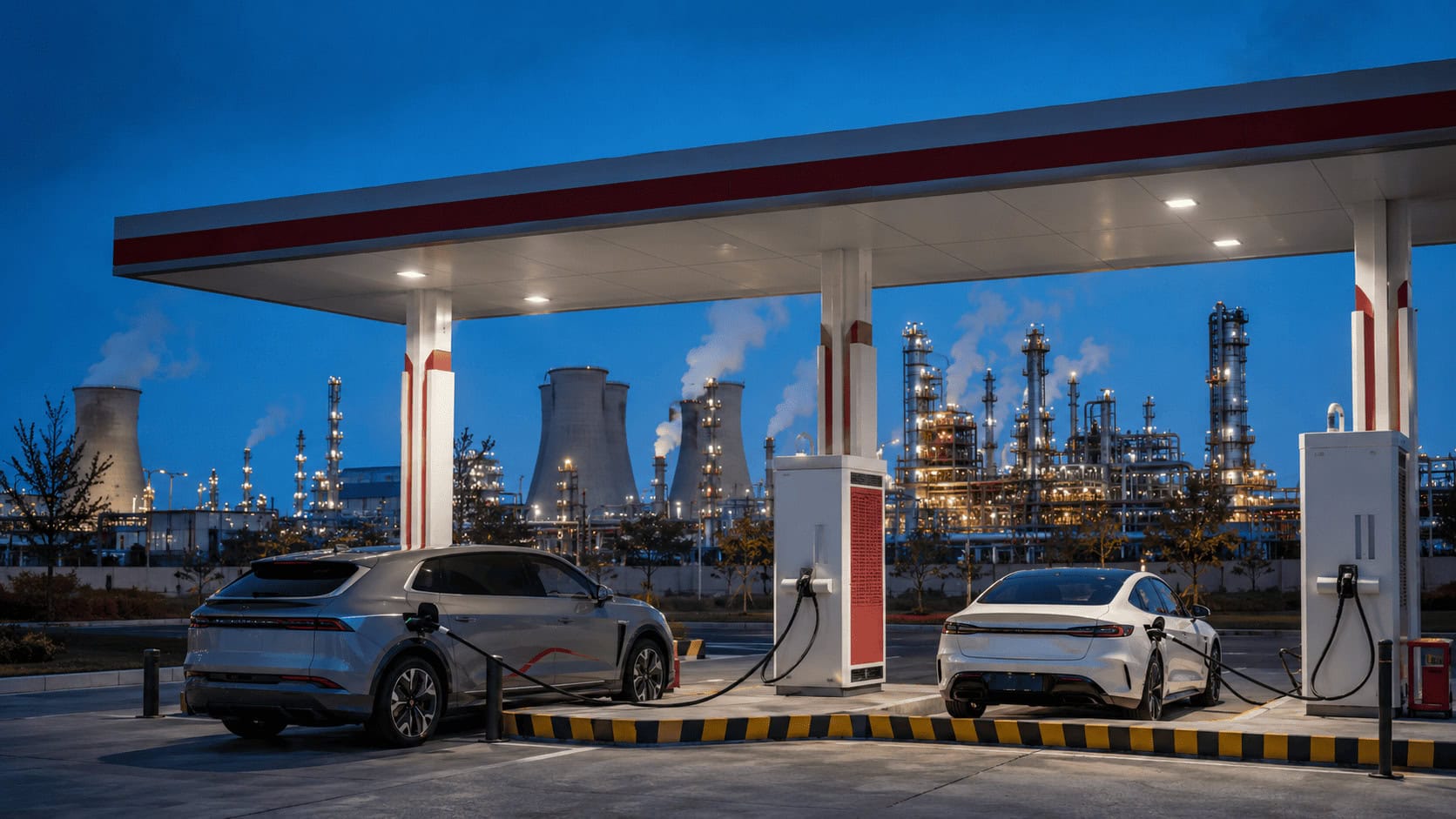 Chinese oil refinery complex at dusk with an adjacent electric vehicle charging canopy in the foreground.
