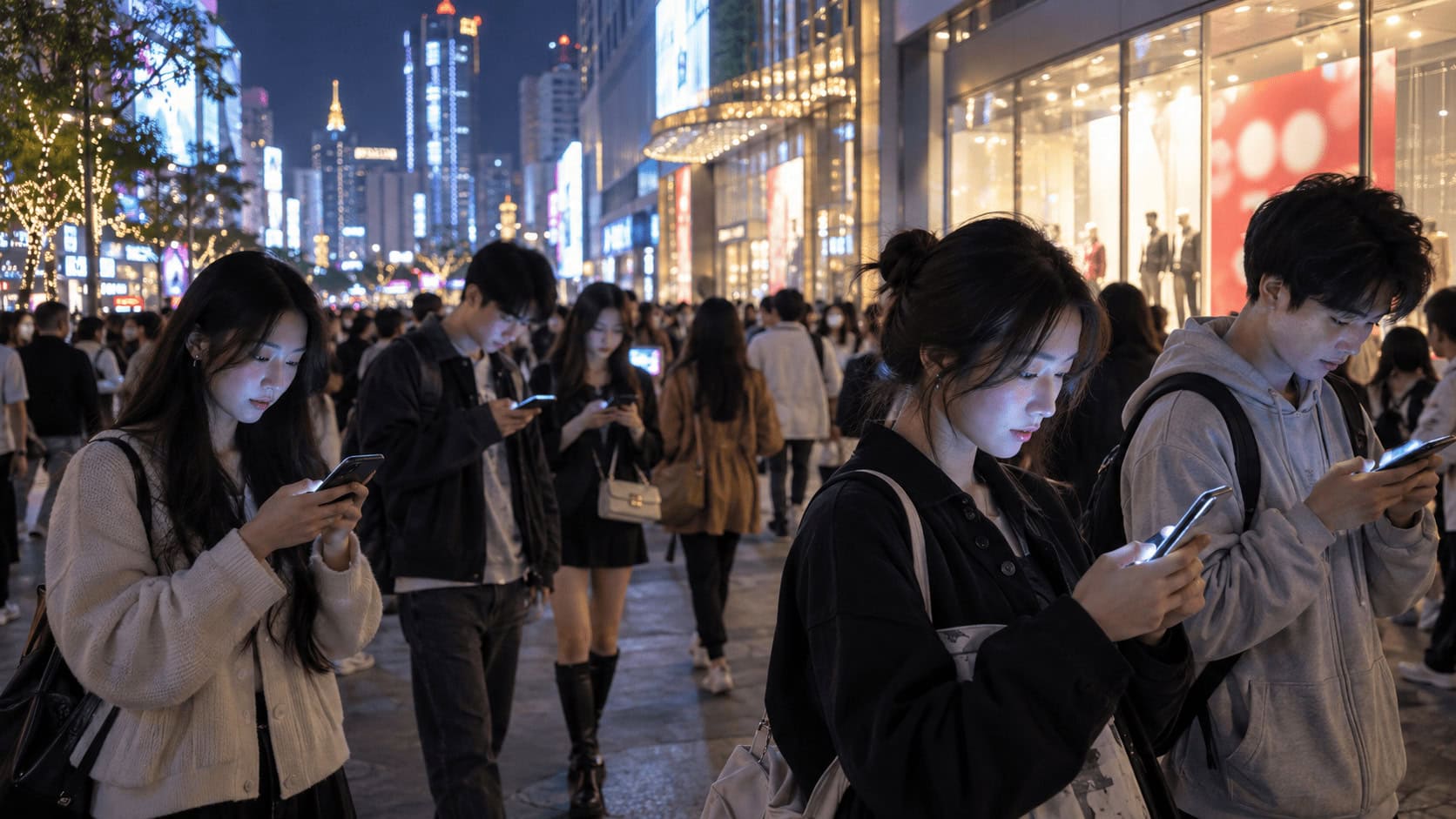 Young commuters in a Chinese city scrolling short-video feeds on their phones under illuminated retail signage at night