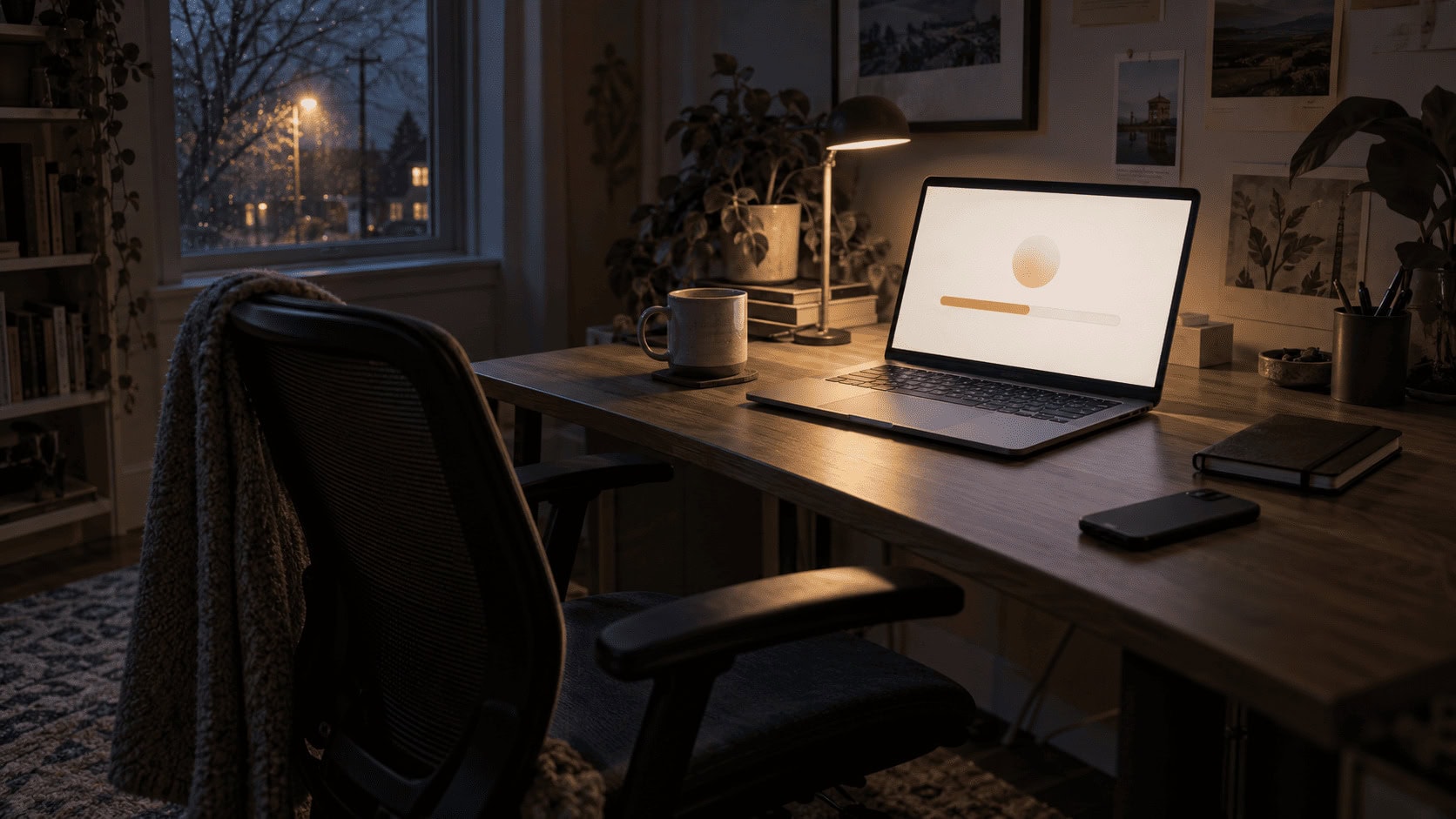 Empty home office chair at night beside an open laptop showing an AI assistant interface with a usage meter partly filled.
