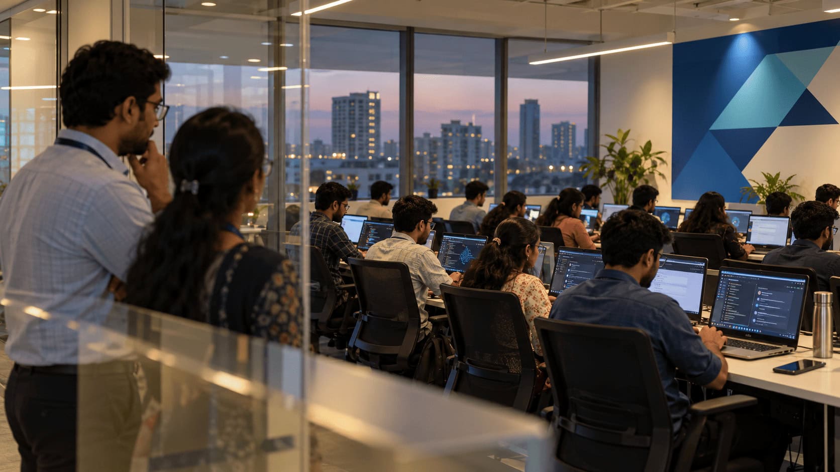 Des rangées de nouvelles recrues s'entraînent sur des ordinateurs portables dans une salle de classe de l'entreprise, tandis que des ingénieurs expérimentés les observent depuis un couloir vitré