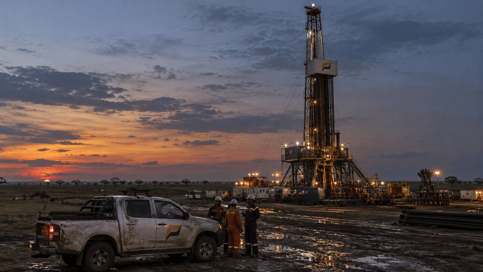 Plataforma de perforación en la sabana del Cinturón Orinoco de Venezuela al atardecer, con un equipo de trabajadores petroleros en primer plano