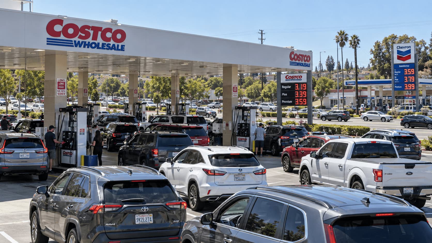 Los coches hacían cola en una concurrida gasolinera de Costco junto a un almacén, con el cartel de precios mostrando un precio más bajo que la gasolinera de enfrente