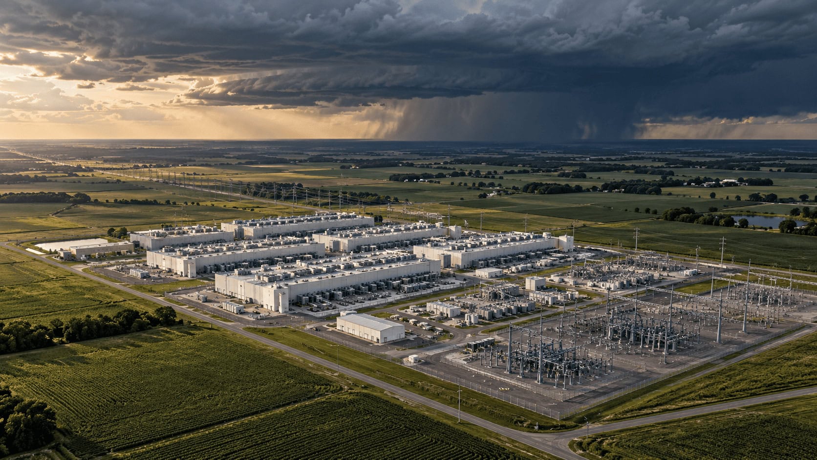 Aerial view of a hyperscale data center campus in a flat rural landscape under a dark storm sky, rows of white server halls and transformer yards visible