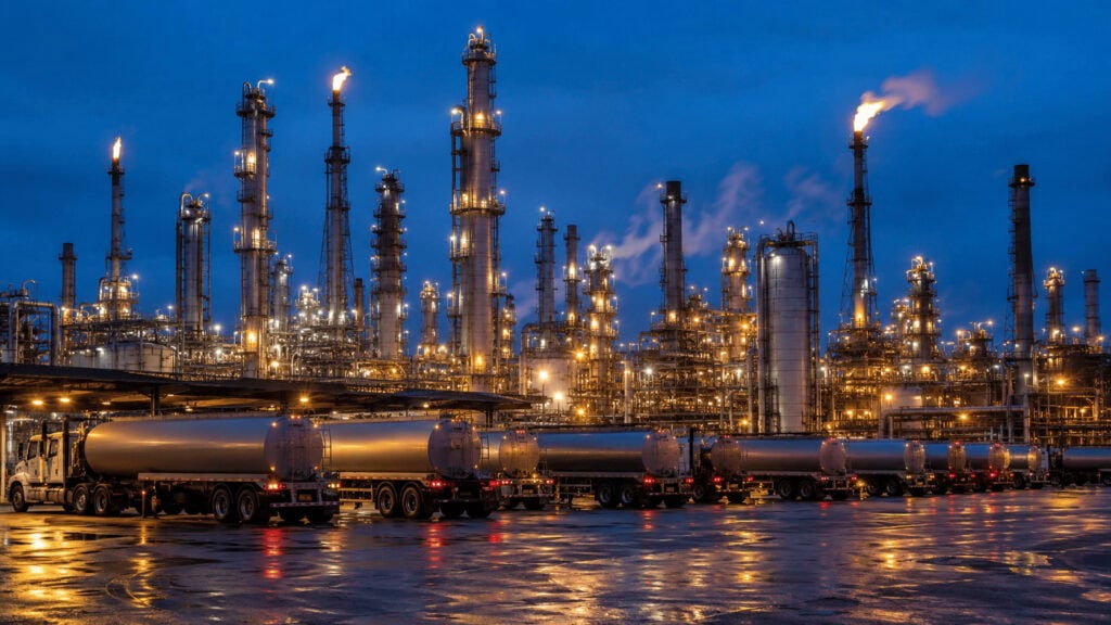 Tanker trucks lined up at a US refinery loading rack at dusk with distillation towers behind them