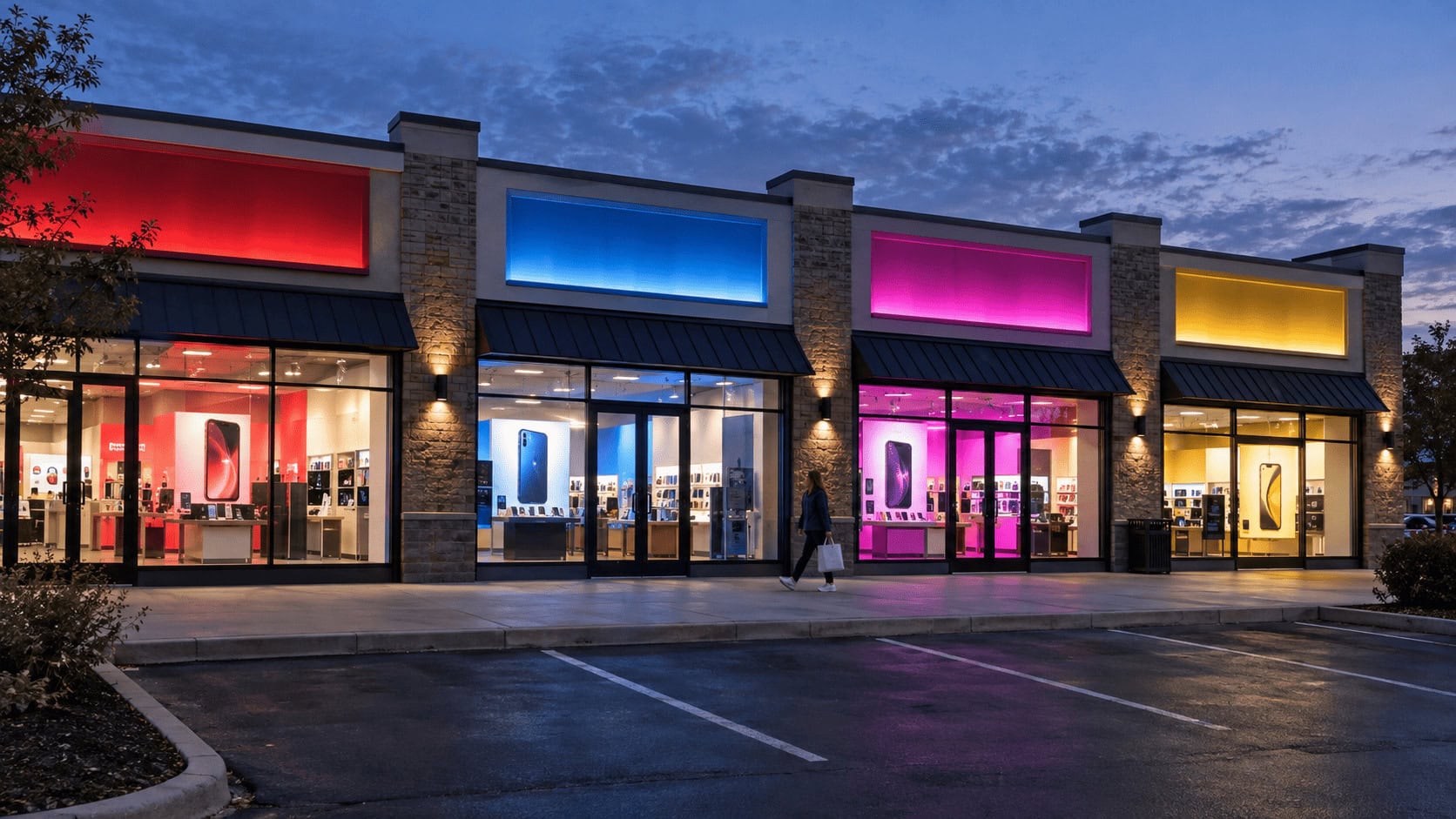 Una hilera de escaparates de compañías de telefonía móvil iluminados al anochecer en una zona comercial estadounidense, con un comprador pasando por delante.