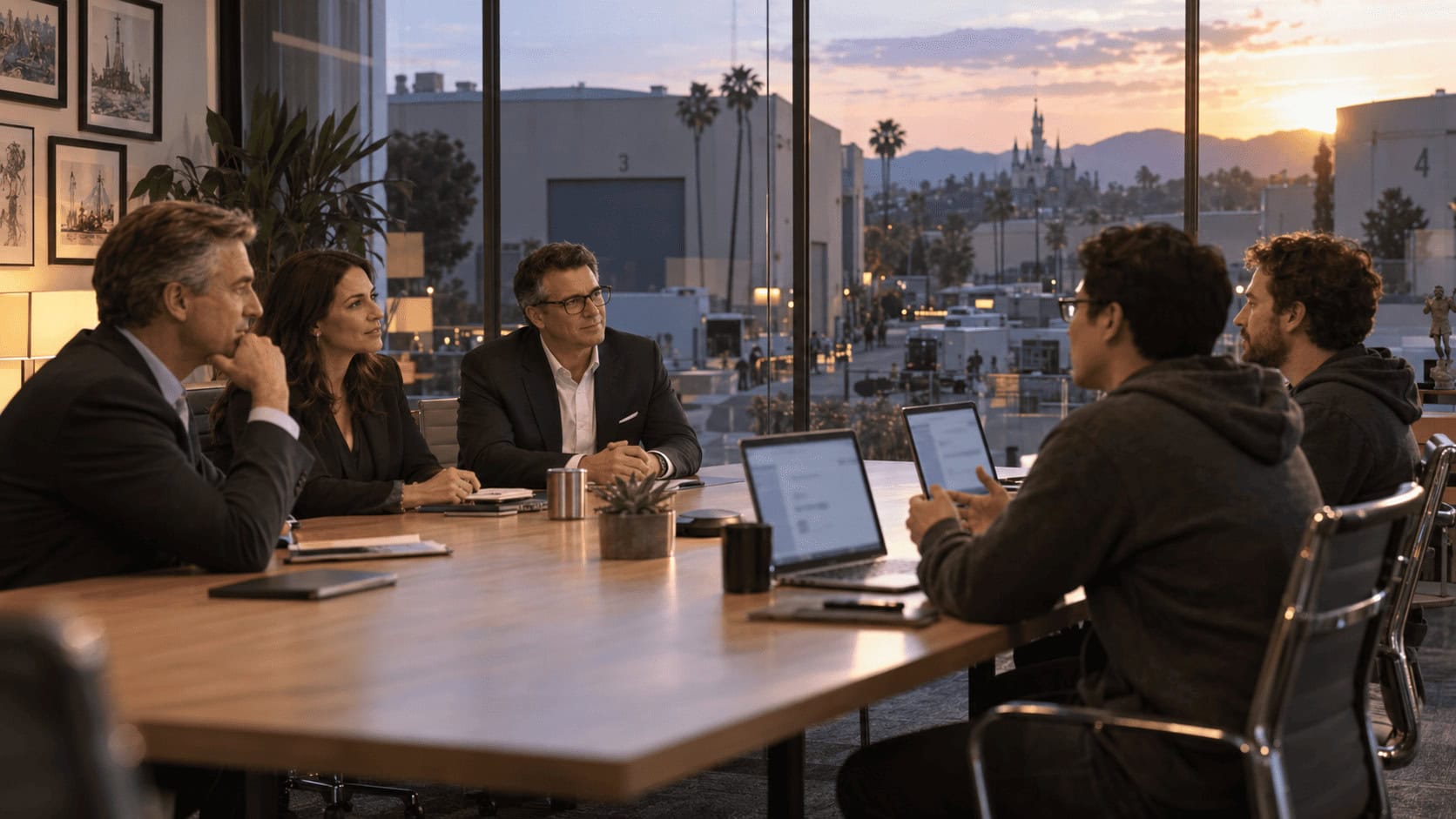 Executives and engineers meeting in a glass-walled conference room on a Burbank studio lot at dusk, laptops open, animation-studio backlot and a castle spire visible through the window.
