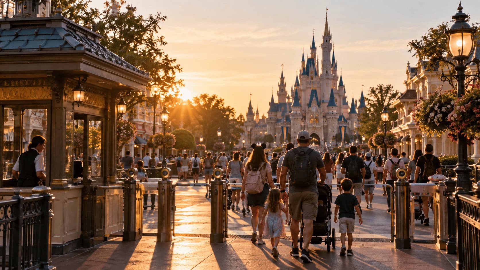 Familias caminando hacia el Castillo de Cenicienta en Magic Kingdom de Walt Disney World en una soleada tarde de verano.
