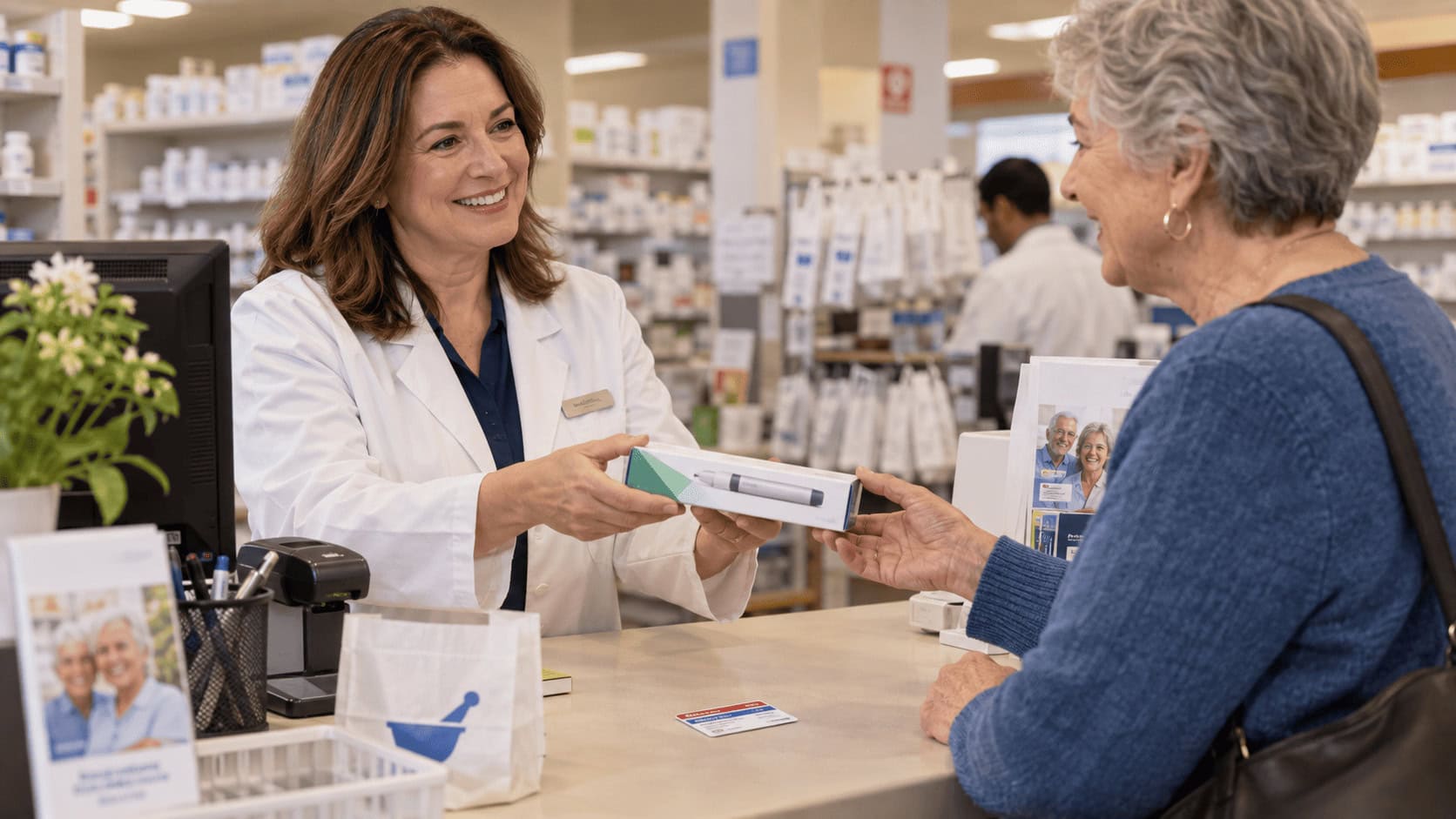Un farmacéutico le entrega una caja de Zepbound KwikPen a un cliente mayor en el mostrador de una farmacia estadounidense, donde se encuentra su tarjeta de Medicare.