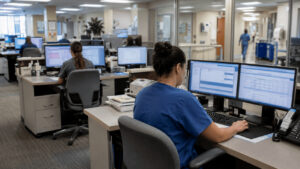 Hospital revenue cycle staff working claim and medical coding screens in a billing office