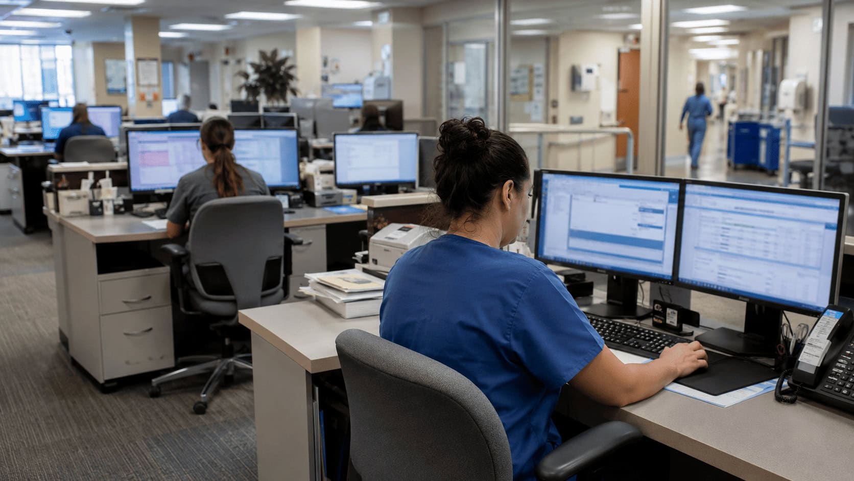 Hospital revenue cycle staff working claim and medical coding screens in a billing office