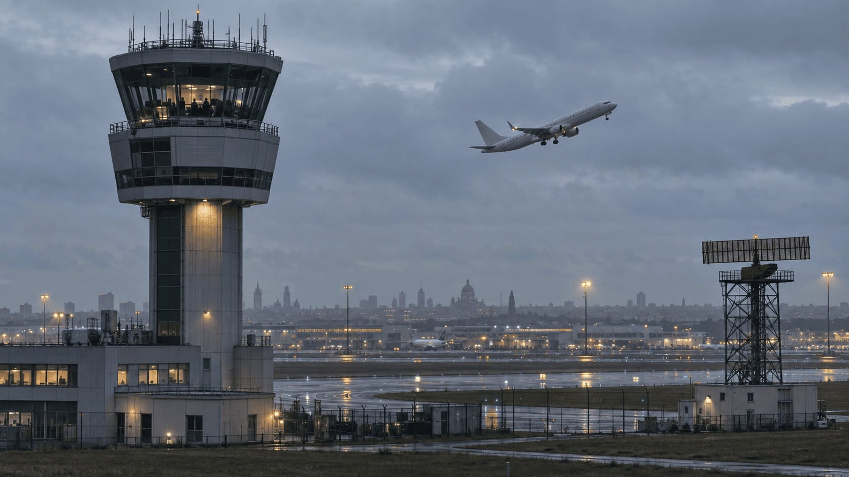 Torre de control de tráfico aéreo europea al atardecer con un avión de pasajeros despegando, lo que ilustra los cargos de ruta incluidos en la demanda de Pfizer.