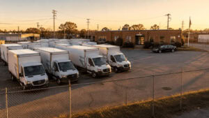 Rows of contractor box trucks at a small commercial services yard at golden hour with a black executive sedan parked at the office entrance