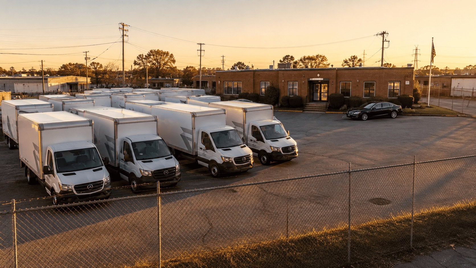 Rows of contractor box trucks at a small commercial services yard at golden hour with a black executive sedan parked at the office entrance