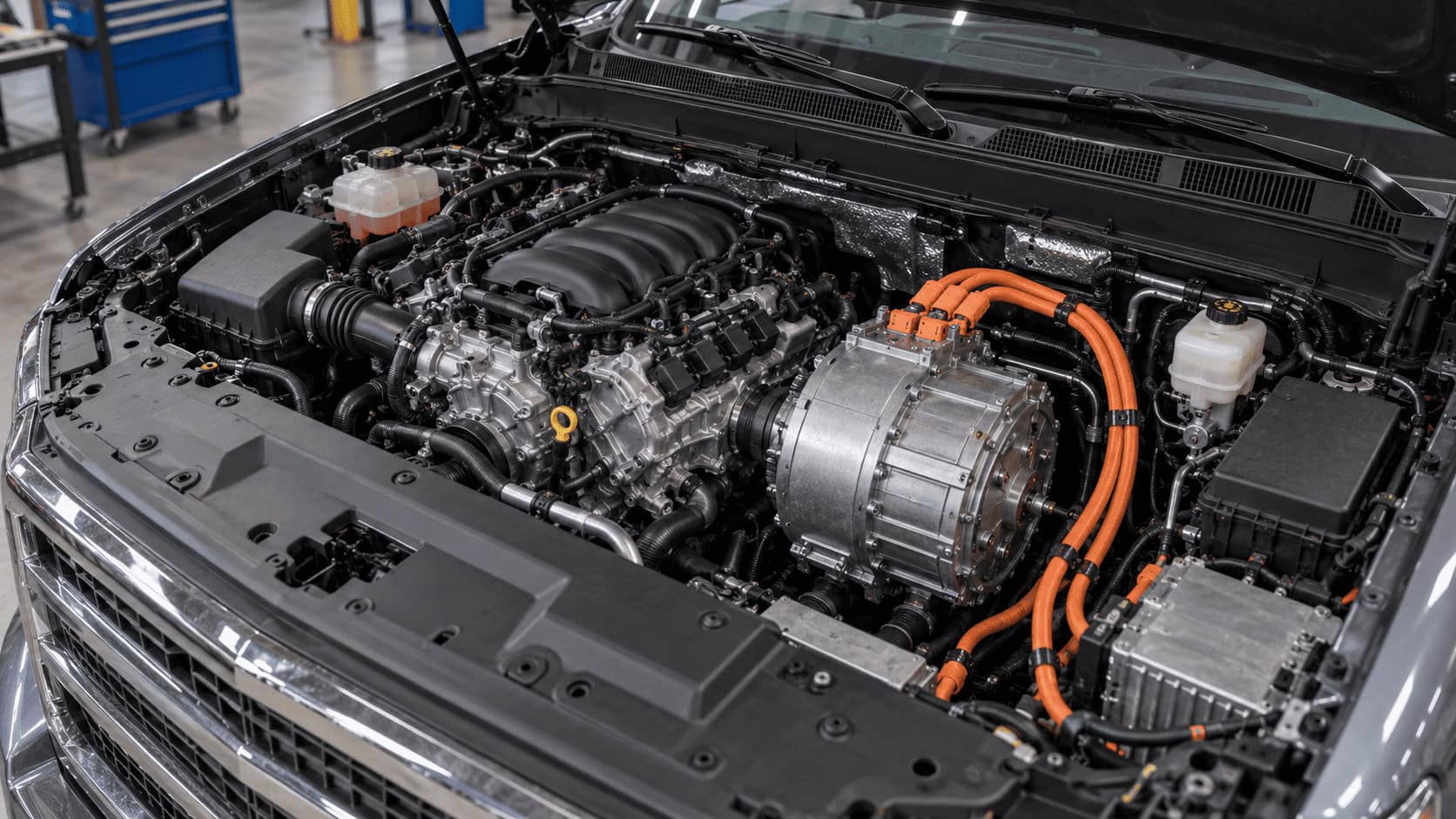 A full-size crew-cab pickup truck at a filling station with a DC fast-charging cable plugged into its front fender and a gasoline nozzle in its fuel filler at the same time, illustrating how an extended-range EV carries both a battery and a gas engine.