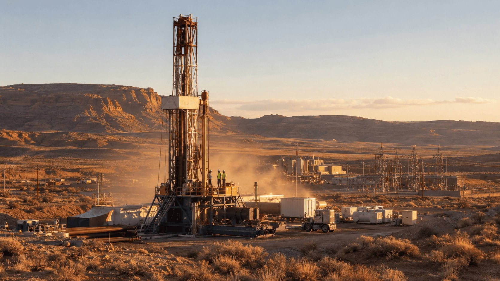 Drilling rig and power blocks at an enhanced geothermal project in the Utah desert, with a substation in the background.