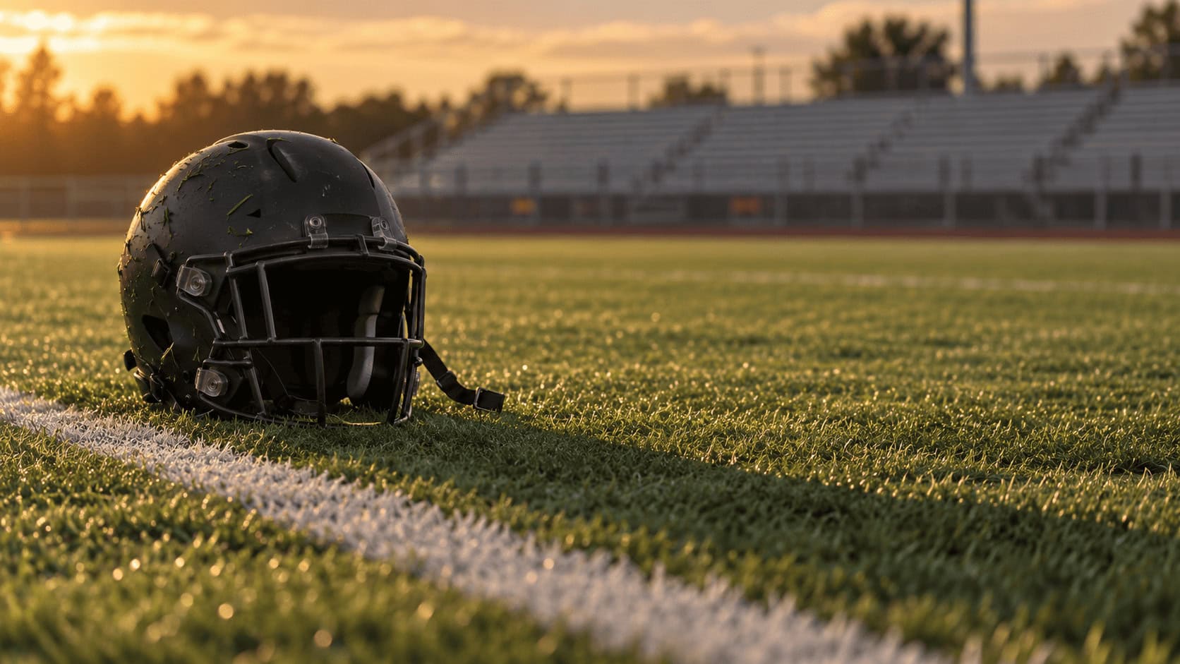 Casco de fútbol americano negro sin marca, sobre un campo de instituto, que ilustra la competencia en el mercado estadounidense de cascos de fútbol americano.