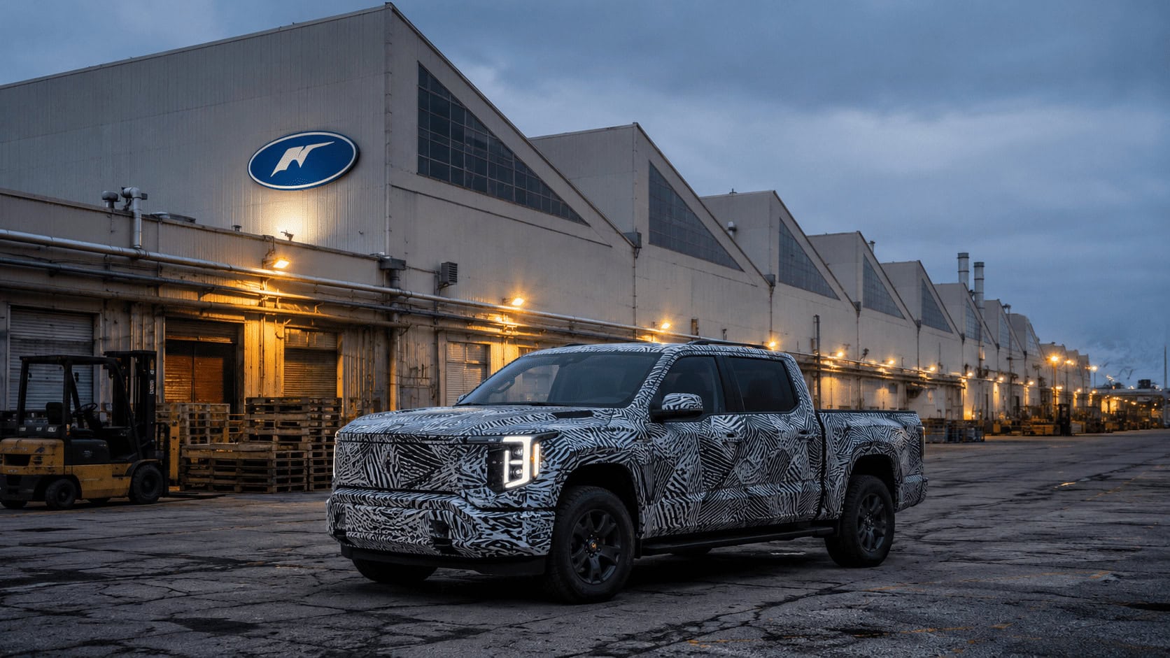A camouflaged Ford Fathom electric pickup prototype parked outside a retooled assembly plant at dusk.