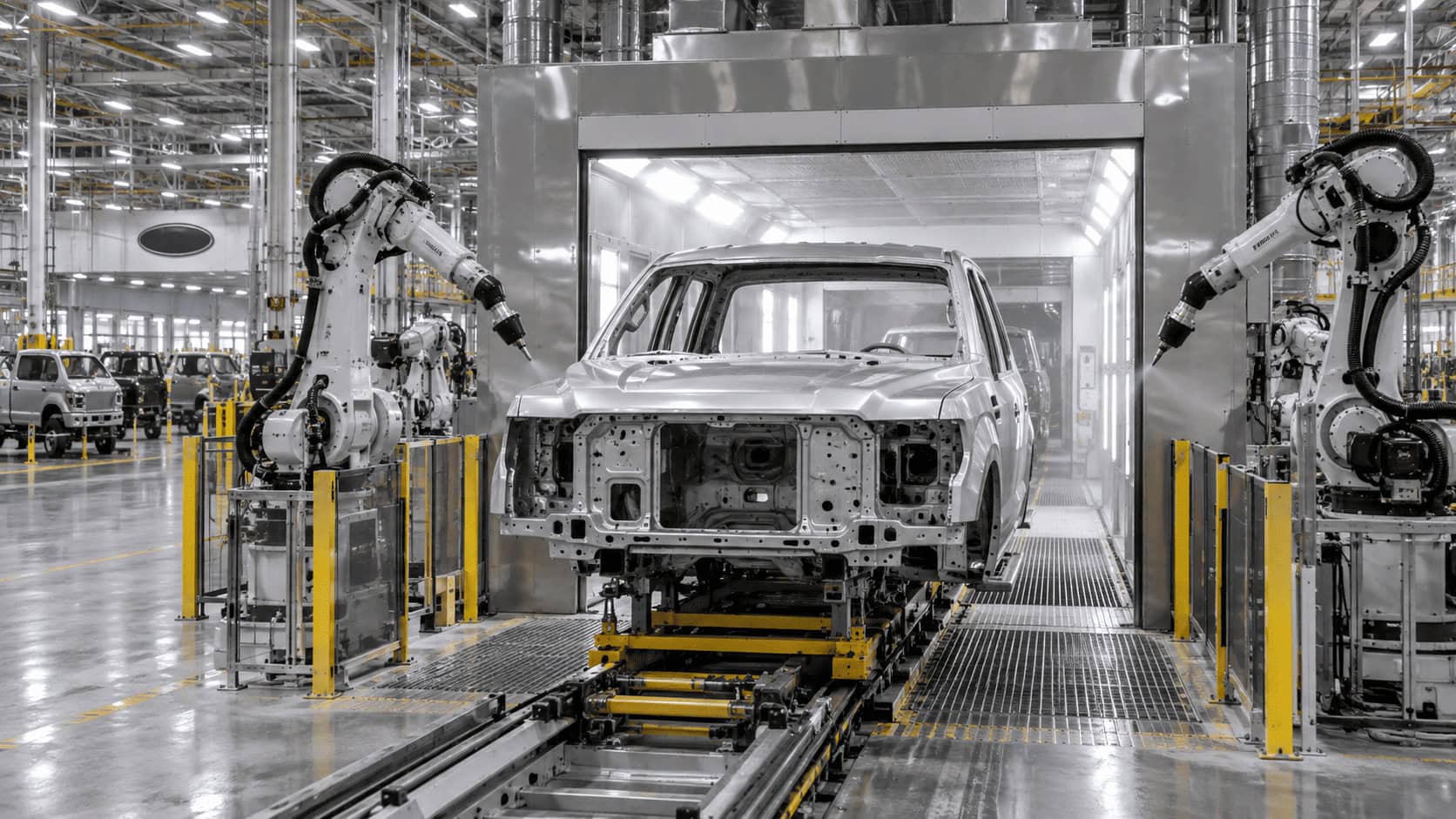 A Ford Super Duty pickup body on the conveyor entering the paint booth at an assembly plant, with painting robots on both sides.