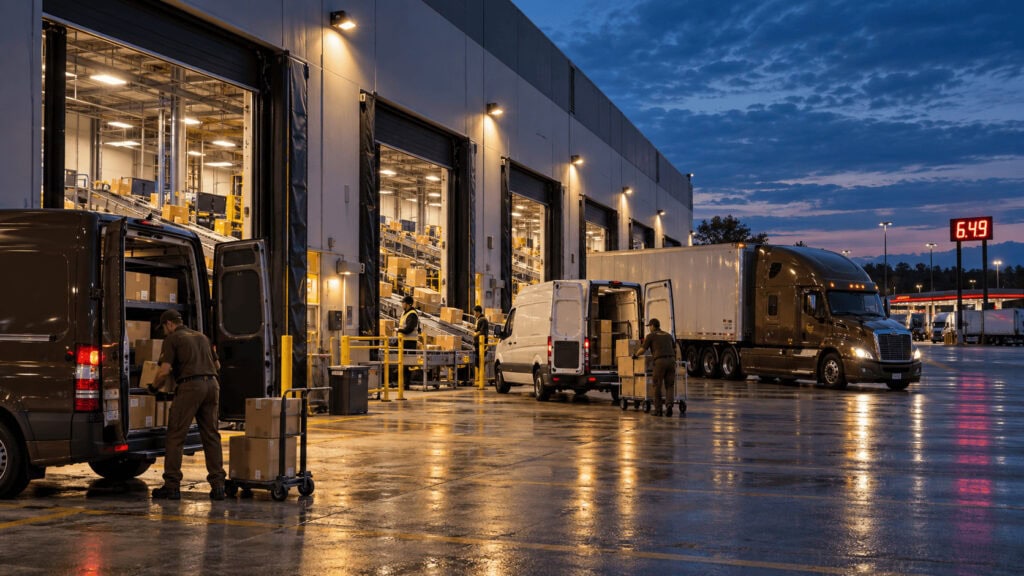 Delivery vans and a semi truck at a parcel sorting hub loading dock at dusk with a diesel price sign above six dollars